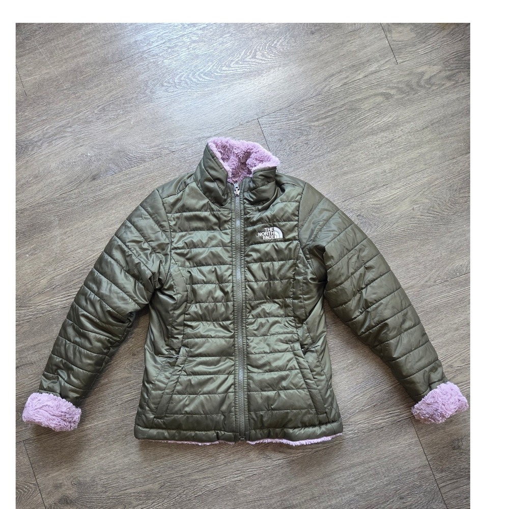 The North Face Reversible Jacket Kids Medium (10/12) Olive Green Lavender Puffer